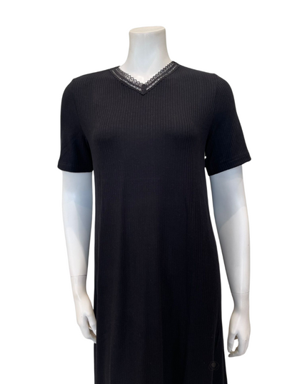 Oh! Zuza V1 Black Ribbed Lace V Neck Short Sleeve Rosie Modal Nightshirt myselflingerie.com