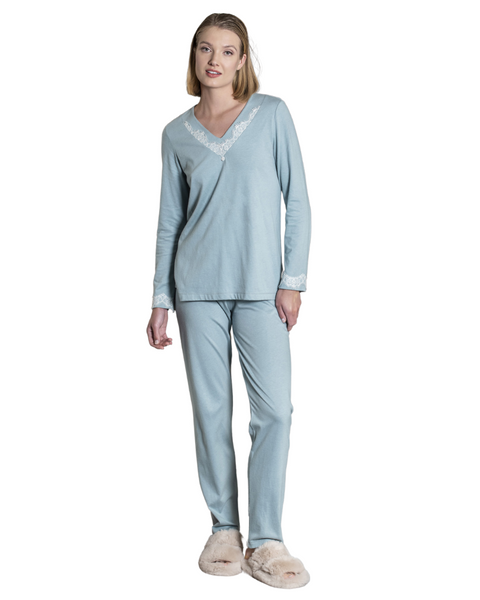 Iora Lingerie Powder Blue Lace V Neck Cotton Blend Pajamas Set