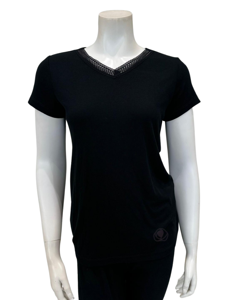 VPJ-SS-BK Black Short Sleeve Ribbed V Neck Pajamas Set