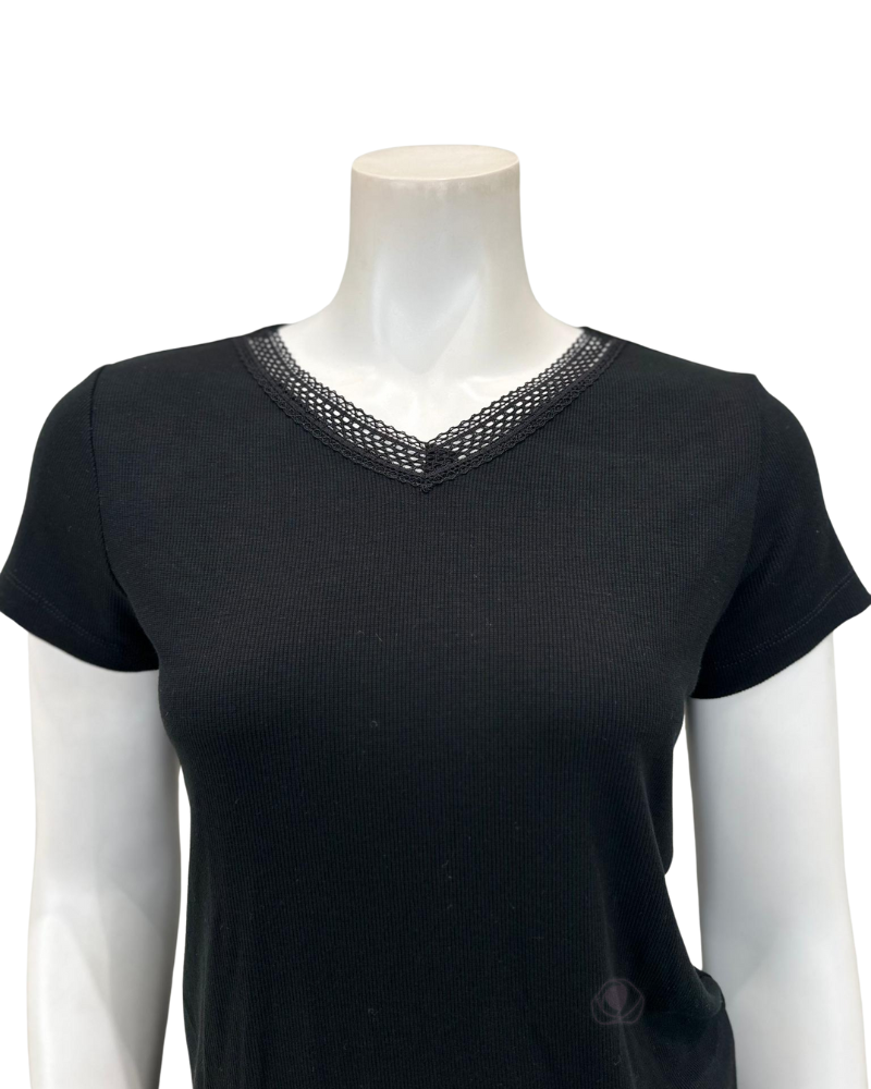 VPJ-SS-BK Black Short Sleeve Ribbed V Neck Pajamas Set