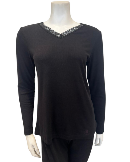 Jackie O'Loungewear VPJ-RB-BLK Black Ribbed V Neck Pajamas Set myselflingerie.com