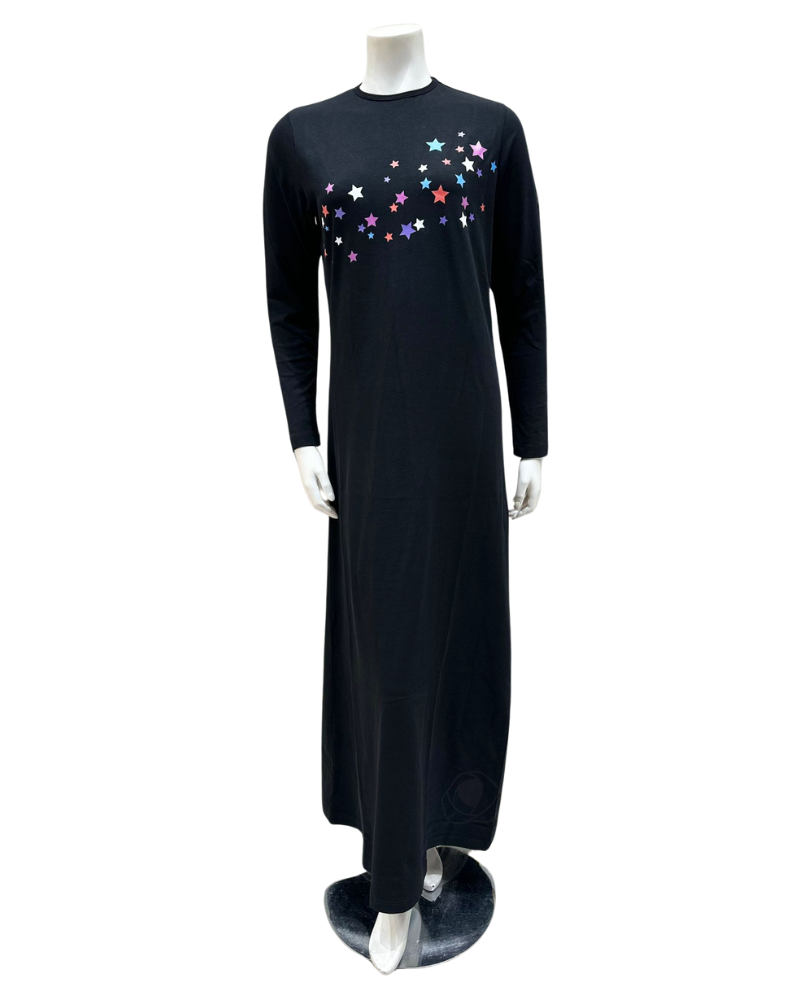 ESPi AK735 Stars Screen Print Black Pull On Cotton Teen Nightgown myselflingerie.com