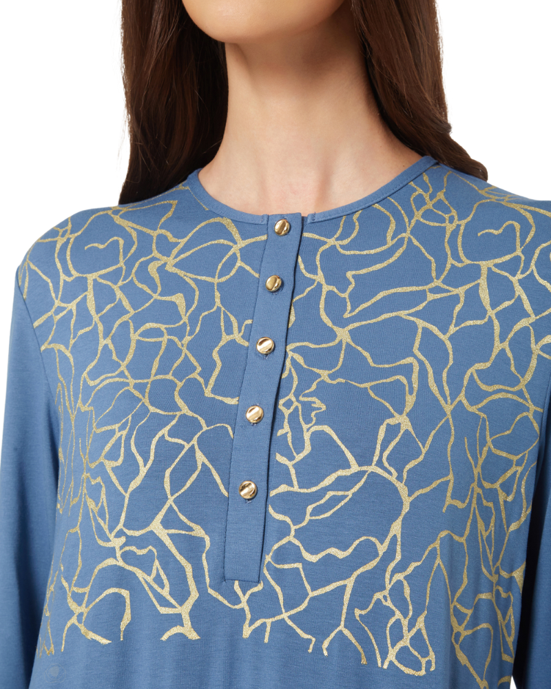 Pen-ky 11958 Blue Gold Veins Cotton Button Down Nightgown myselflingerie.com