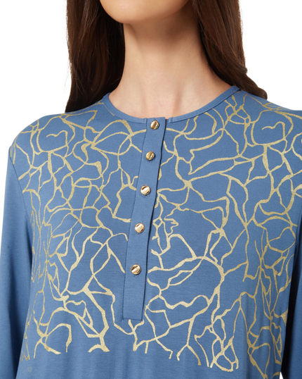 Pen-ky 11958 Blue Gold Veins Cotton Button Down Nightgown myselflingerie.com