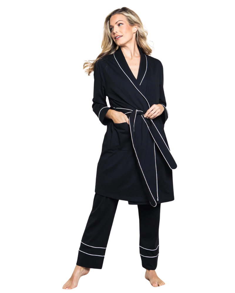 Petite Plume PRBW Black Pima Cotton Short Wrap Robe myselflingerie.com