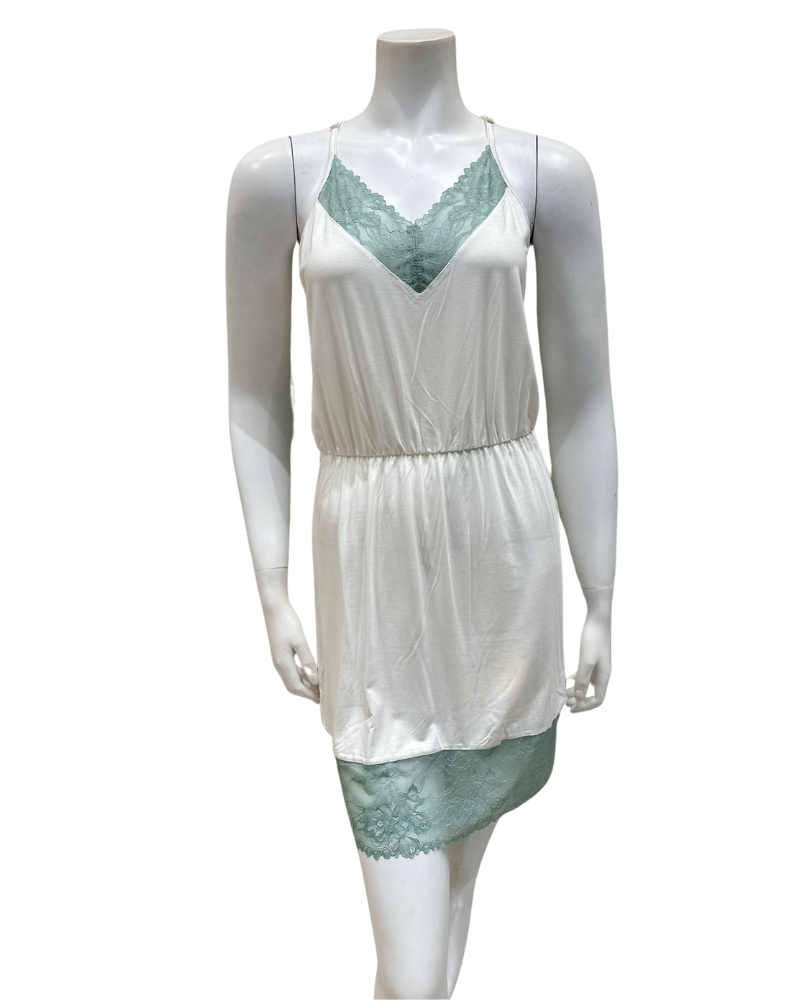 Oh! Zuza 4210+4212 Ivory and Sea Green Laced Edge Modal Chemise & Wrap Set myselflingerie.com