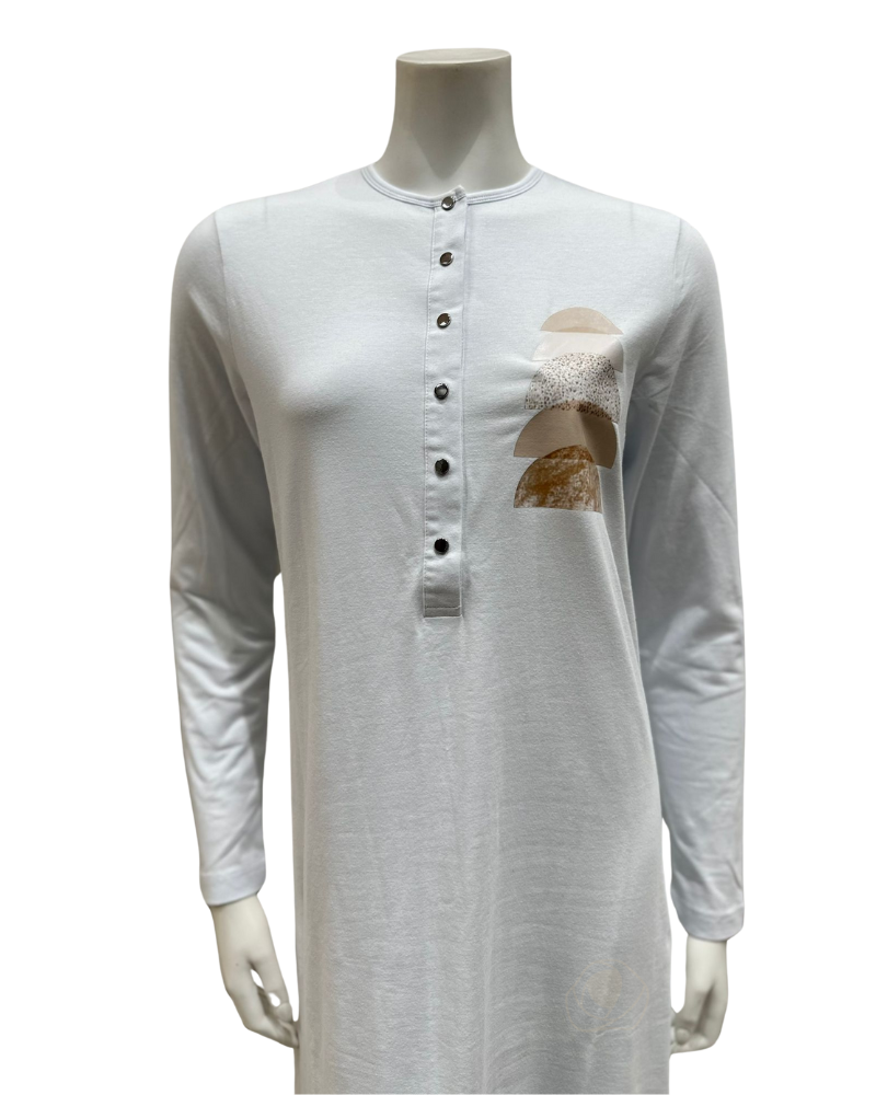 AK826 Dome Screen Print Snap Front White Cotton Nightgown