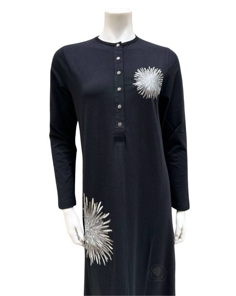 Nico Italy AK812 Starburst Screen Print Snap Front Black Cotton Nightgown myselflingerie.com