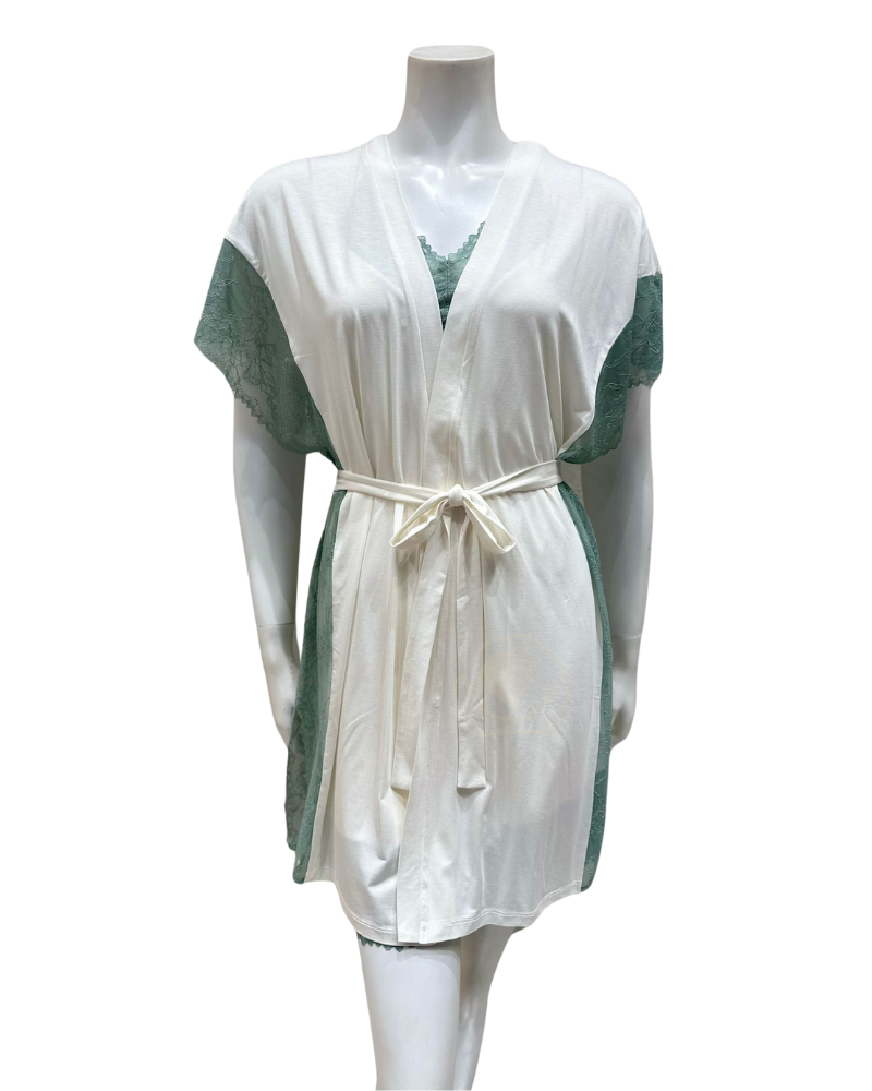 Oh! Zuza 4210+4212 Ivory and Sea Green Laced Edge Modal Chemise & Wrap Set myselflingerie.com