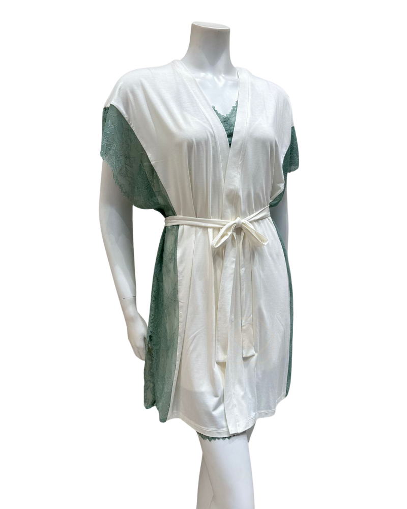 Oh! Zuza 4210+4212 Ivory and Sea Green Laced Edge Modal Chemise & Wrap Set myselflingerie.com