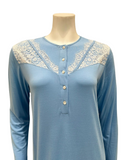 Iora Lingerie 24121C Marine Blue Lace Fan Design Button Down Modal Nightgown myselflingerie.com