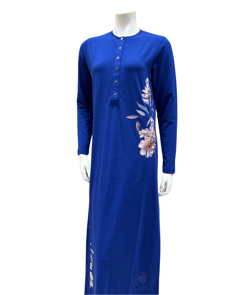 Nico Italy AK821 Flower Screen Print Snap Front Cobalt Cotton Nightgown myselflingerie.com