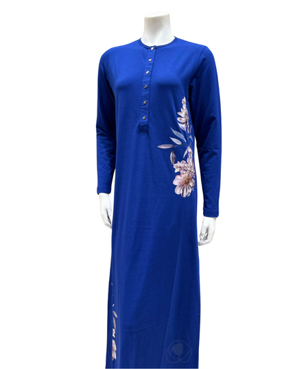 Nico Italy AK821 Flower Screen Print Snap Front Cobalt Cotton Nightgown myselflingerie.com