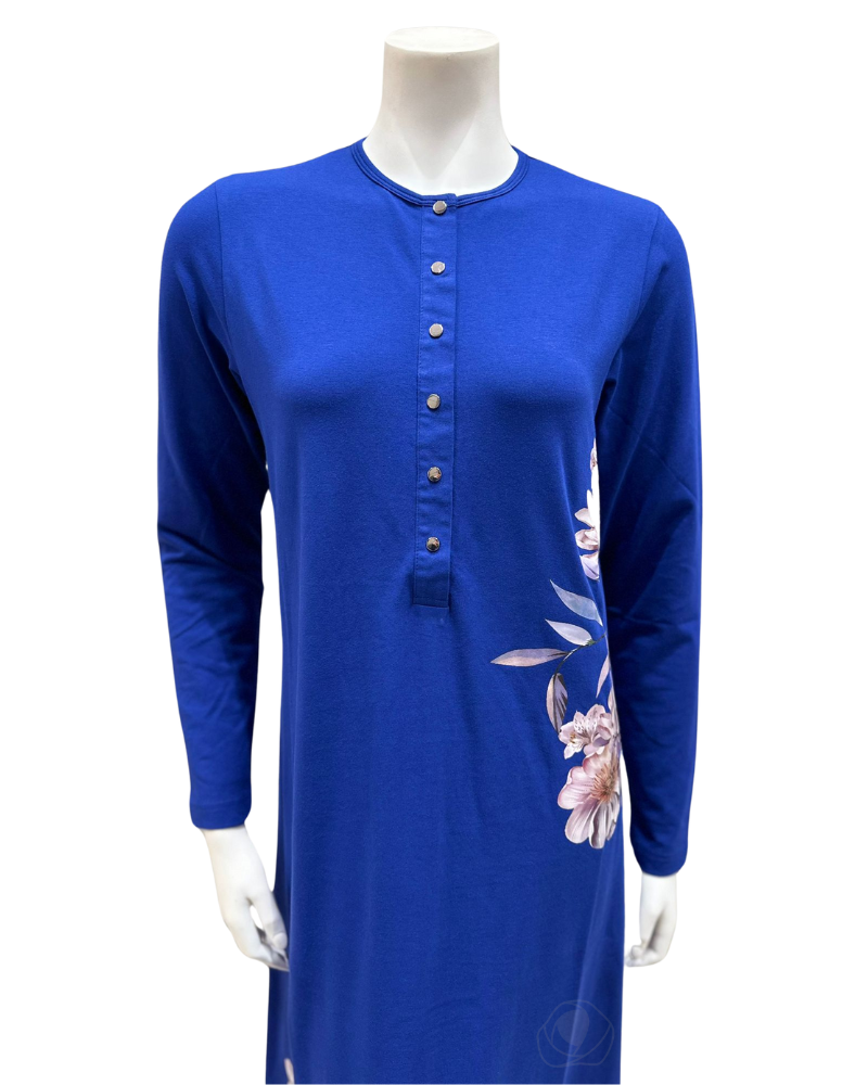 Nico Italy AK821 Flower Screen Print Snap Front Cobalt Cotton Nightgown myselflingerie.com