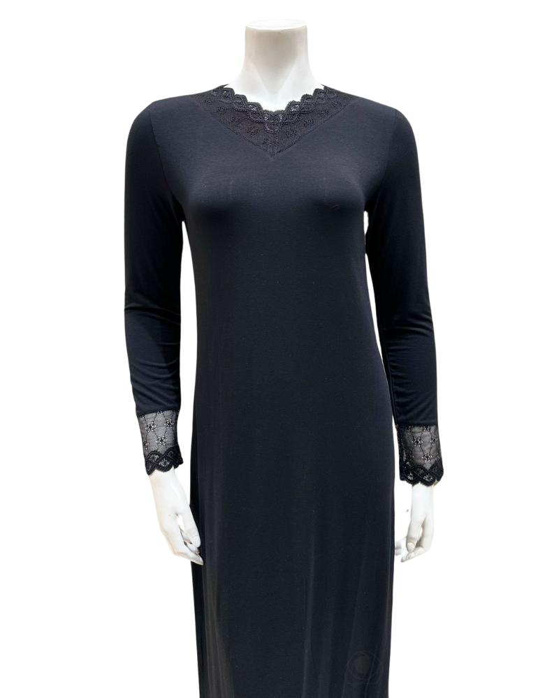 Oh! Zuza M4140 Black Swirl Design Modest V Neck Modal Nightshirt myselflingerie.com