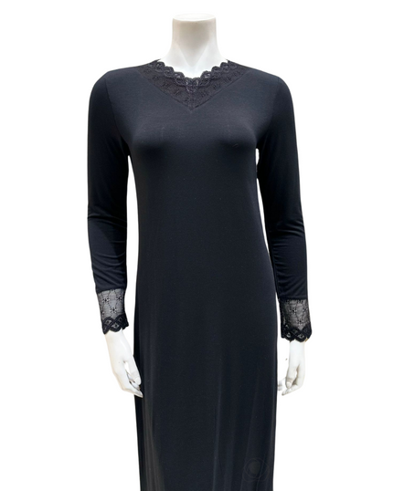 Oh! Zuza M4140 Black Swirl Design Modest V Neck Modal Nightshirt myselflingerie.com