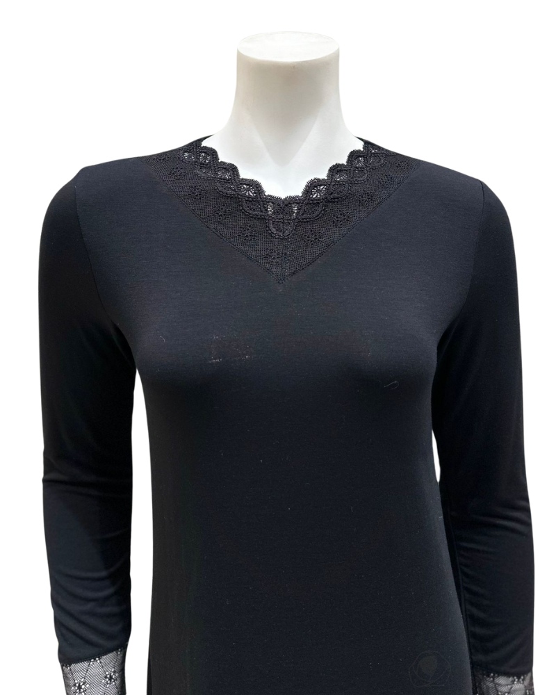 Oh! Zuza M4140 Black Swirl Design Modest V Neck Modal Nightshirt myselflingerie.com