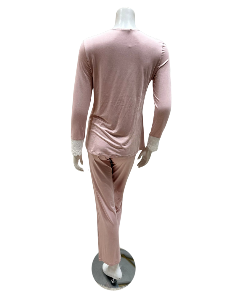 Oh! Zuza M4141 Dusty Pink Swirl Design Lace V Neck Modal Pajamas Set myselflingerie.com