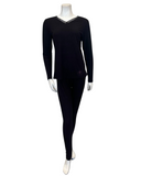 Jackie O'Loungewear VPJ-RB-BLK Black Ribbed V Neck Pajamas Set myselflingerie.com