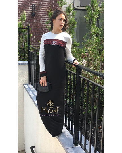 Pierre Balmingo Paris 05-4257L Red Black and White Nightgown with Rhinestone Design myselflingerie.com