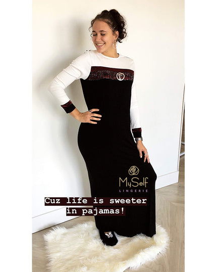 Pierre Balmingo Paris 05-4257L Red Black and White Nightgown with Rhinestone Design myselflingerie.com