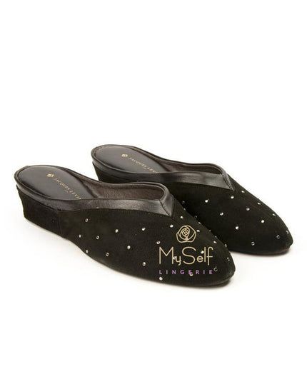 Jacques Levine 4640 stud Black Stud Suede Slipper MYSELFLINGERIE.COM