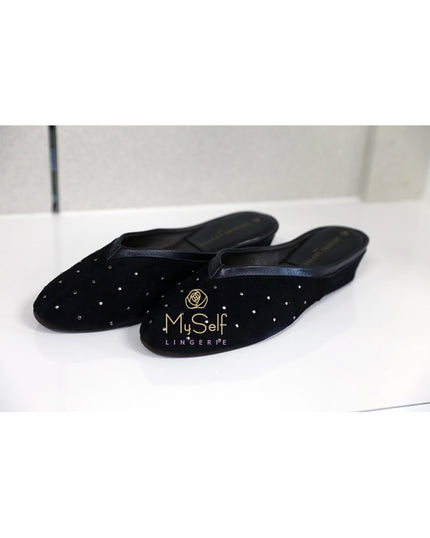 Jacques Levine 4640 stud Black Stud Suede Slipper MYSELFLINGERIE.COM