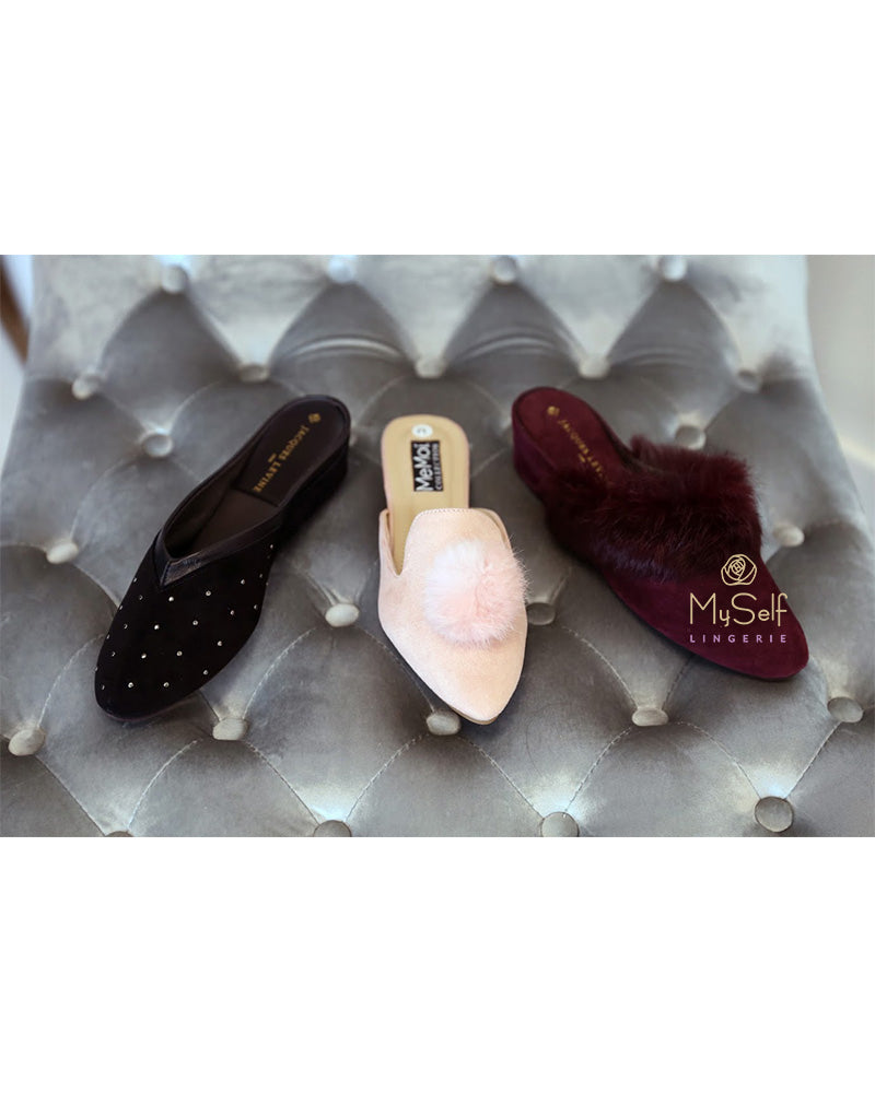 Jacques Levine 4640 stud Black Stud Suede Slipper MYSELFLINGERIE.COM