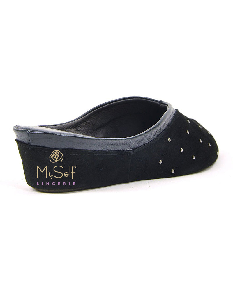 Jacques Levine 4640 stud Black Stud Suede Slipper MYSELFLINGERIE.COM