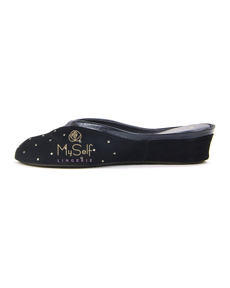 Jacques Levine 4640 stud Black Stud Suede Slipper MYSELFLINGERIE.COM