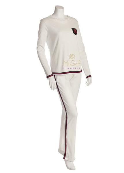 Pierre Balmingo Paris 03-4612A White Pajamas with Navy and Red Trim myselflingerie.com