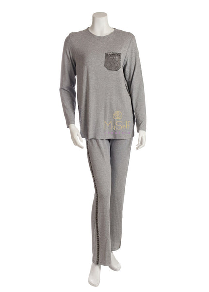 Pierre Balmingo Paris 03-4613C Heather Grey Pajamas with Silver Rhinestone Pocket myselflingerie.com