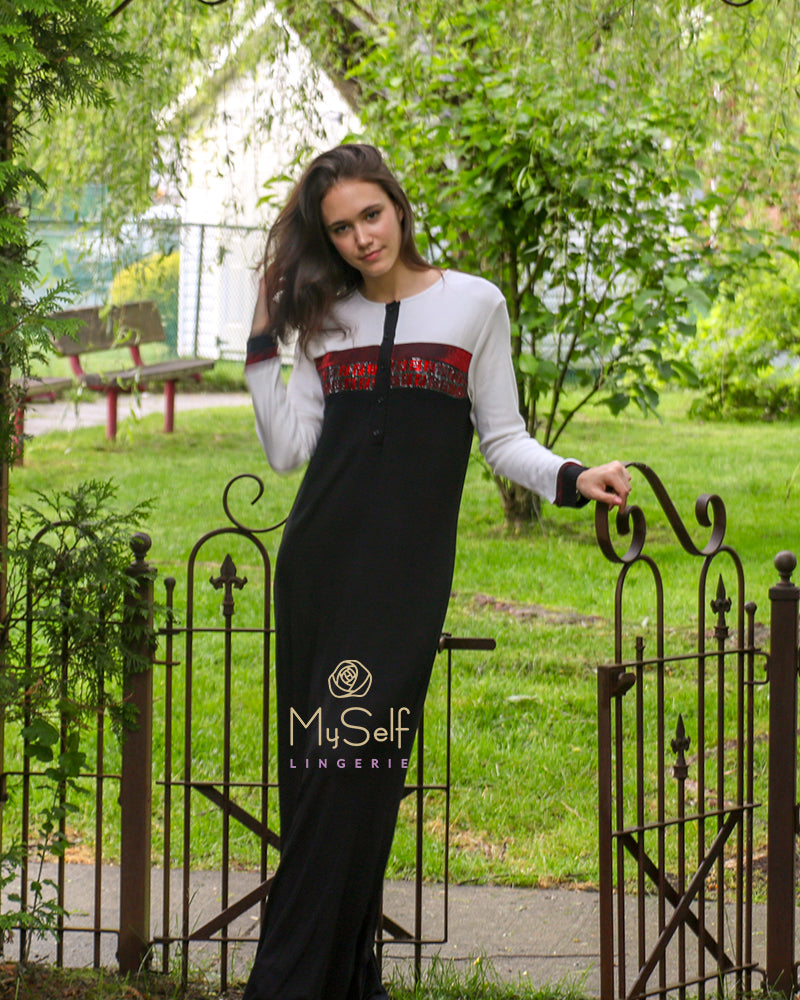 Pierre Balmingo Paris 05-4257ZL Red Black and White Button Front Rhinestone Nightgown myselflingerie.com