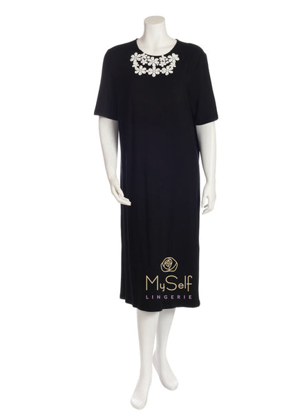 Pierre Balmingo Paris 05-4307B-S Black Nightshirt with White Embroidered Flowers myselflingerie.com