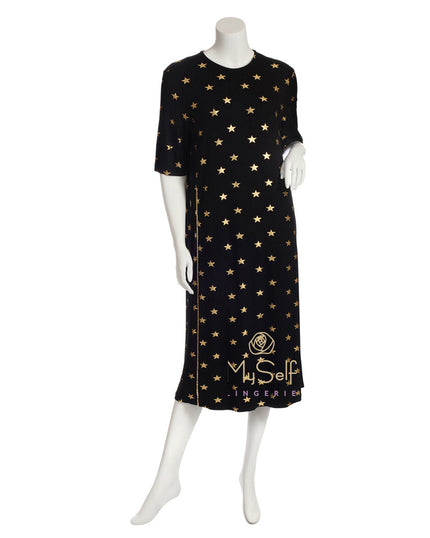 Pierre Balmingo Paris 05-4340-1SS Gold Stars Print Black Short Sleeve Modal Nightshirt myselflingerie.com