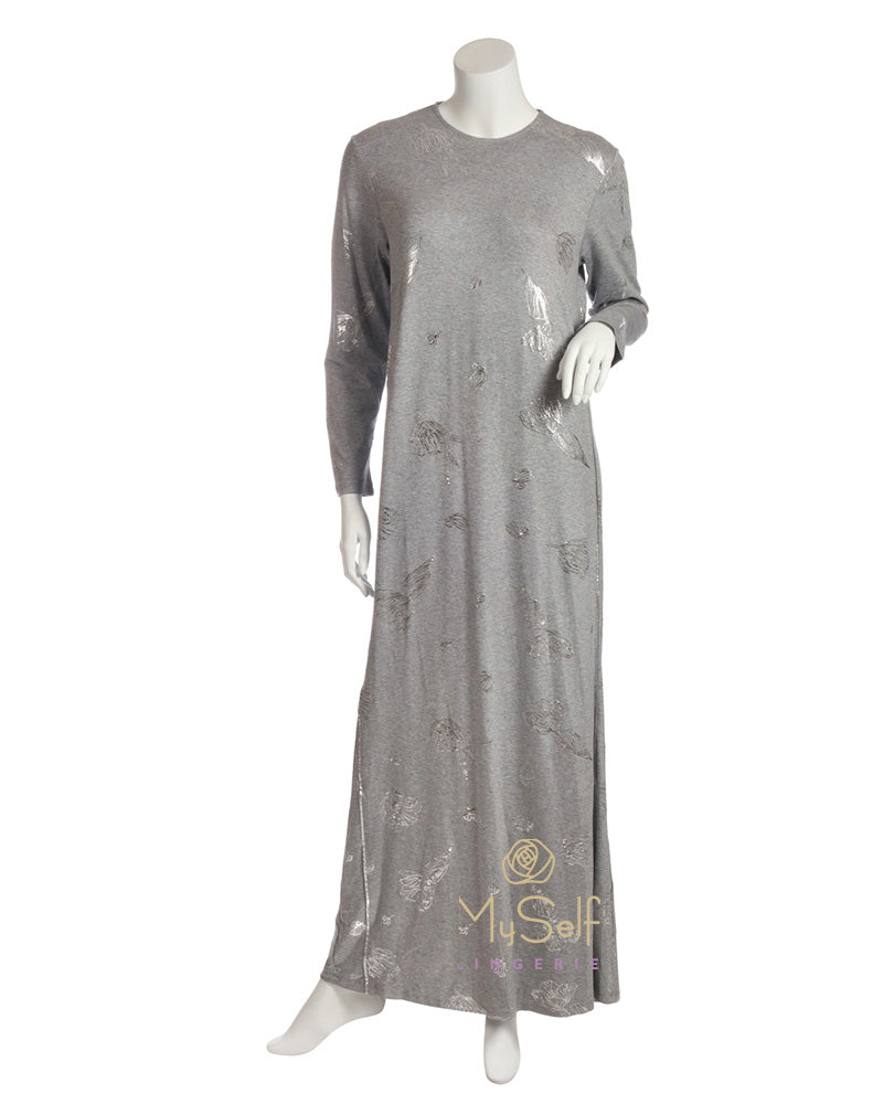 Pierre Balmingo Paris 05-4340-ALL Silver Foil Leaves  Heather Grey Modal Nightgown myselflingerie.com