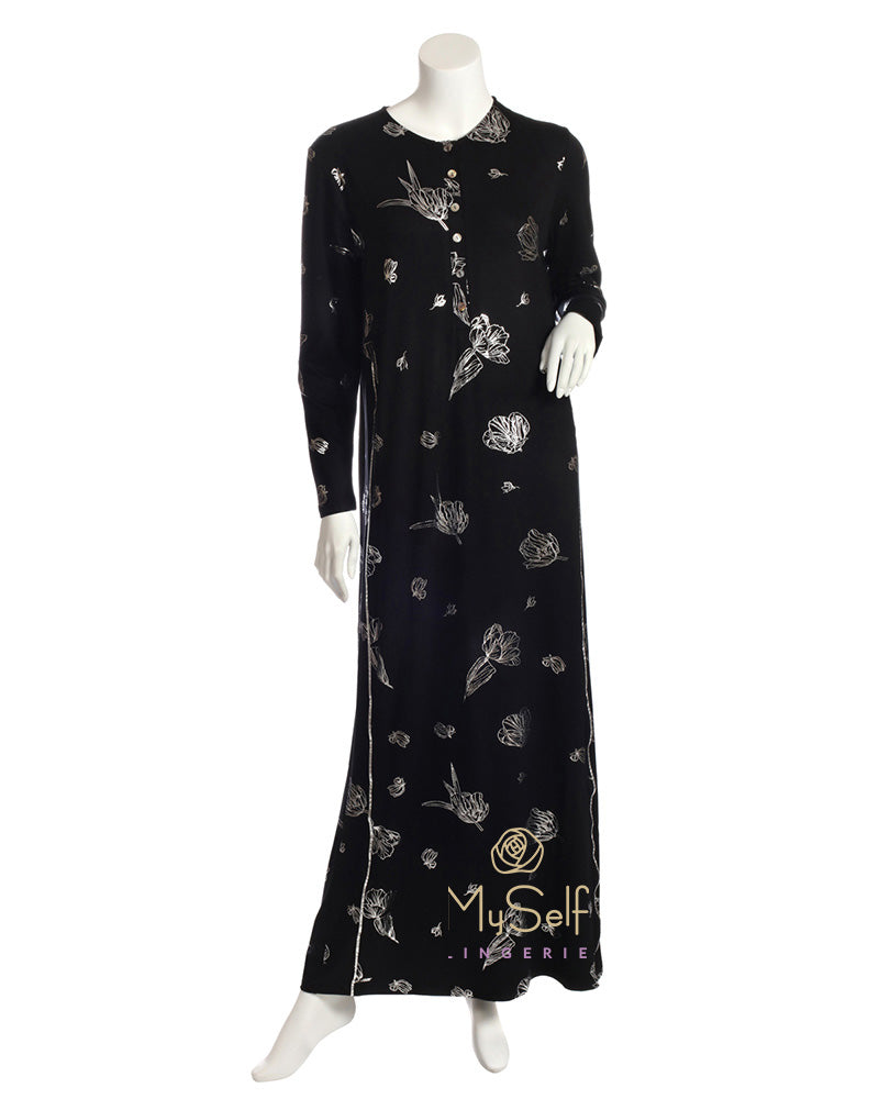 Pierre Balmingo Paris 05-4340-BZLL Silver Floral Design  Black Modal Nightgown myselflingerie.com