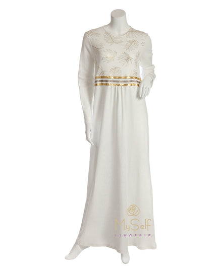 Pierre Balmingo Paris 05-4349-ALL Gold Leaves Accented White Nightgown myselflingerie.com
