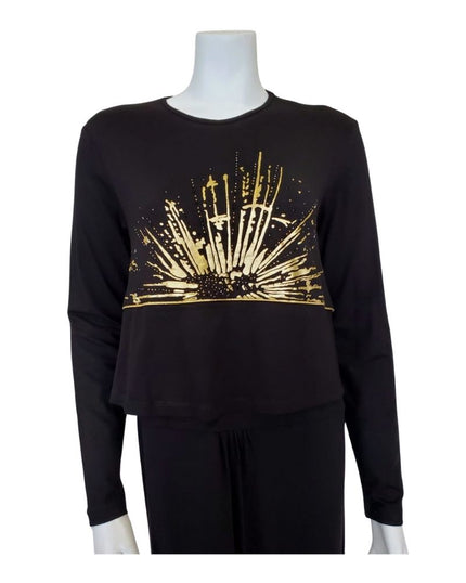 Pierre Balmingo Paris 05-4520A-NLL Gold Starburst Design Black Modal Nursing Nightgown myselflingerie.co