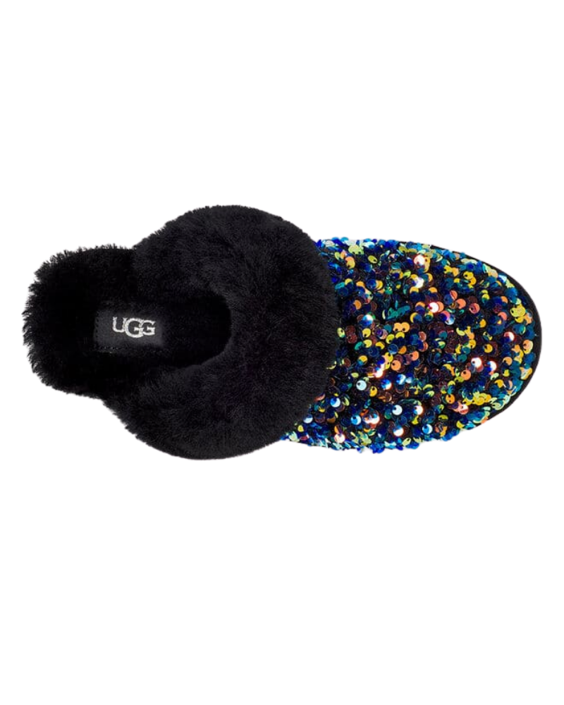 UGG 1112304 Scuffette II Black Sequin Suede Slipper with Fur Trim myselflingerie.com