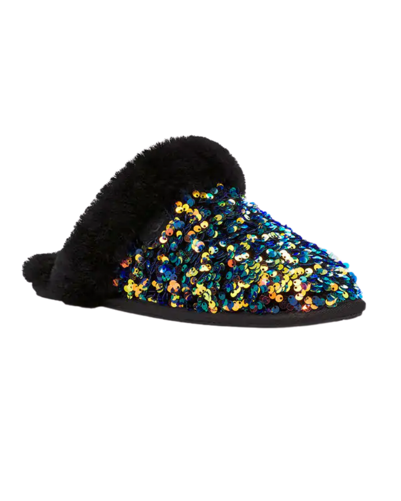 UGG 1112304 Scuffette II Black Sequin Suede Slipper with Fur Trim myselflingerie.com