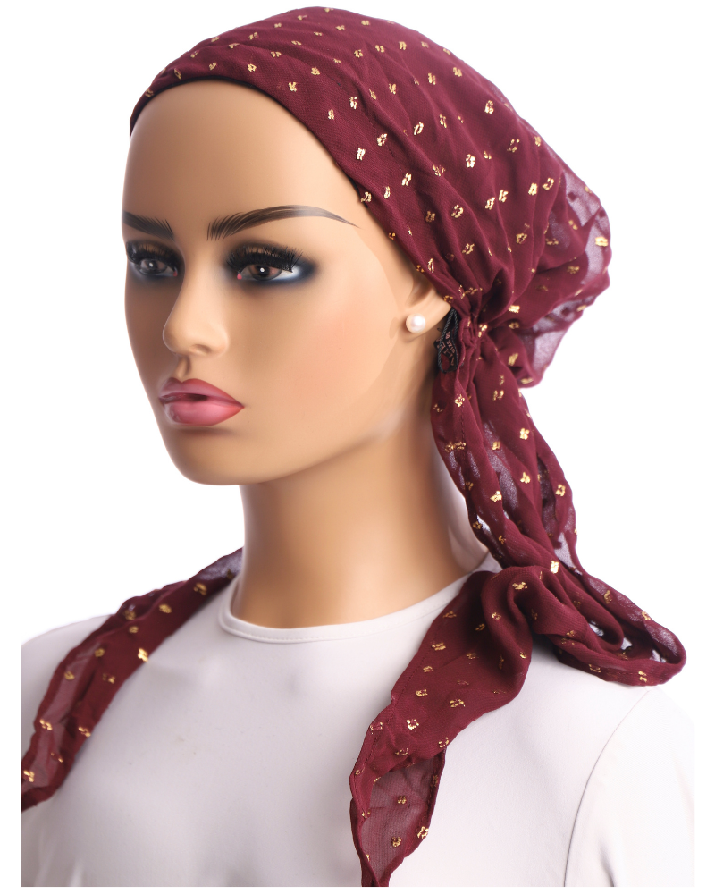 CF4503 Burgundy with Gold Foil Dots Chiffon Pre-Tied Bandanna