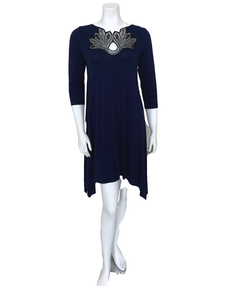 Oh! Zuza OZ246 Navy Flared Modal Nightshirt with Black Lace Neckline MYSELFLINGERIE.COM