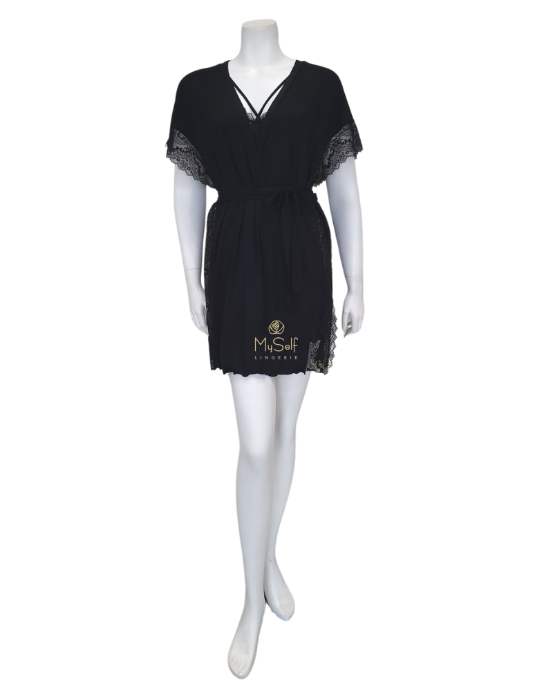 Oh! Zuza Black Flawless Lace Chemise & Wrap Set