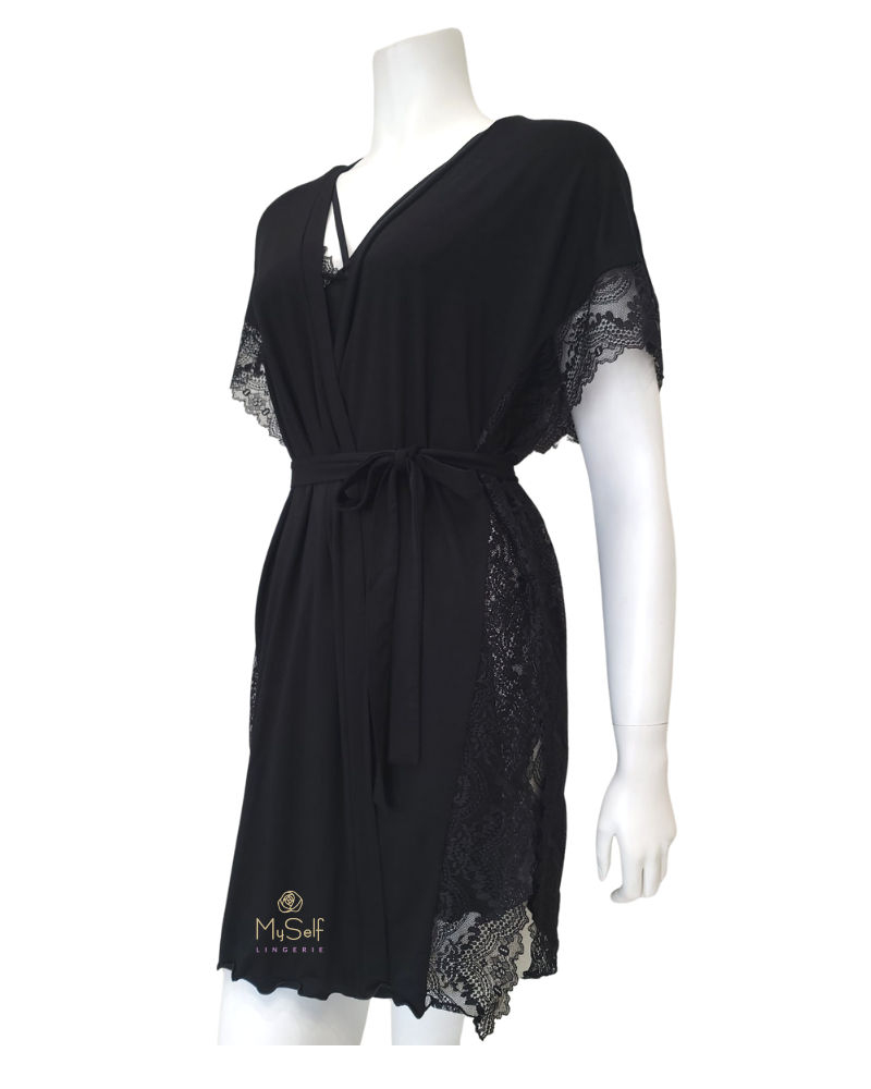 Oh! Zuza Black Flawless Lace Chemise & Wrap Set