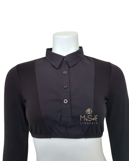 Gemsli SH326 Black Long Sleeve Crop Shell with Pointed Collar and Cuffs MYSELFLINGERIE.COM