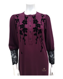 Top 408-PL Black Velvet Print Button Down Plum Cotton Nightgown