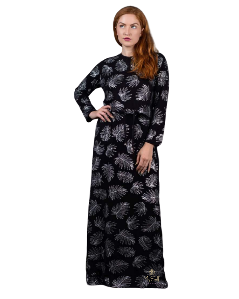 Ellwi 414-BK Metallic Leaf Print Black Cotton Nursing Nightgown 