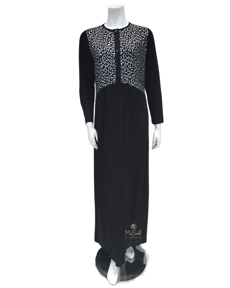 415-BK Metallic Leopard Black Button Down Cotton Nightgown