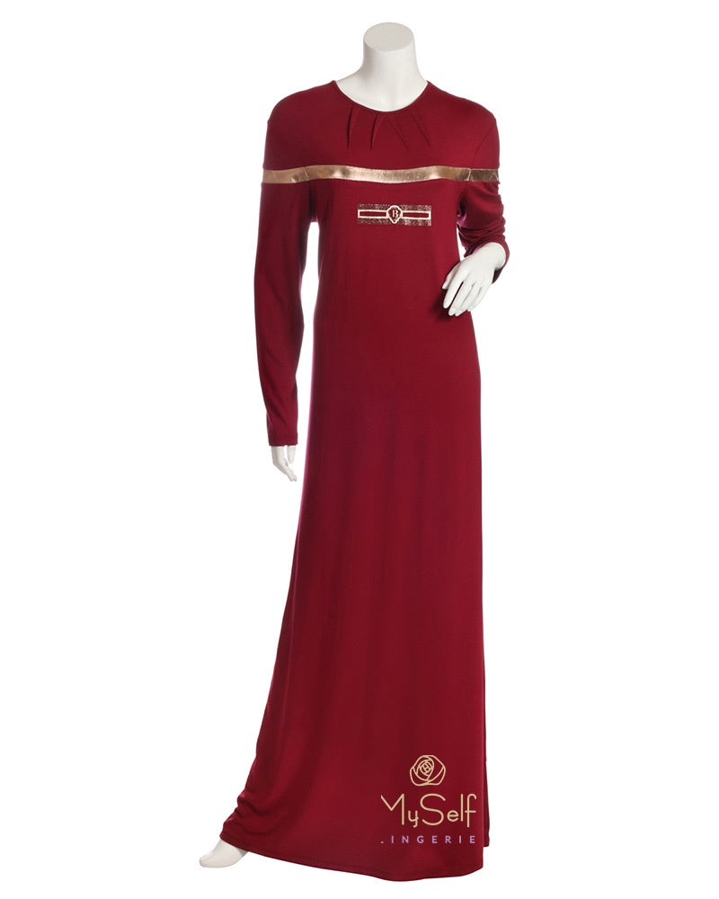 Pierre Balmingo Paris 05-4362-ALL Burgundy Modal Nightgown with Gold Accents myselflingerie.com